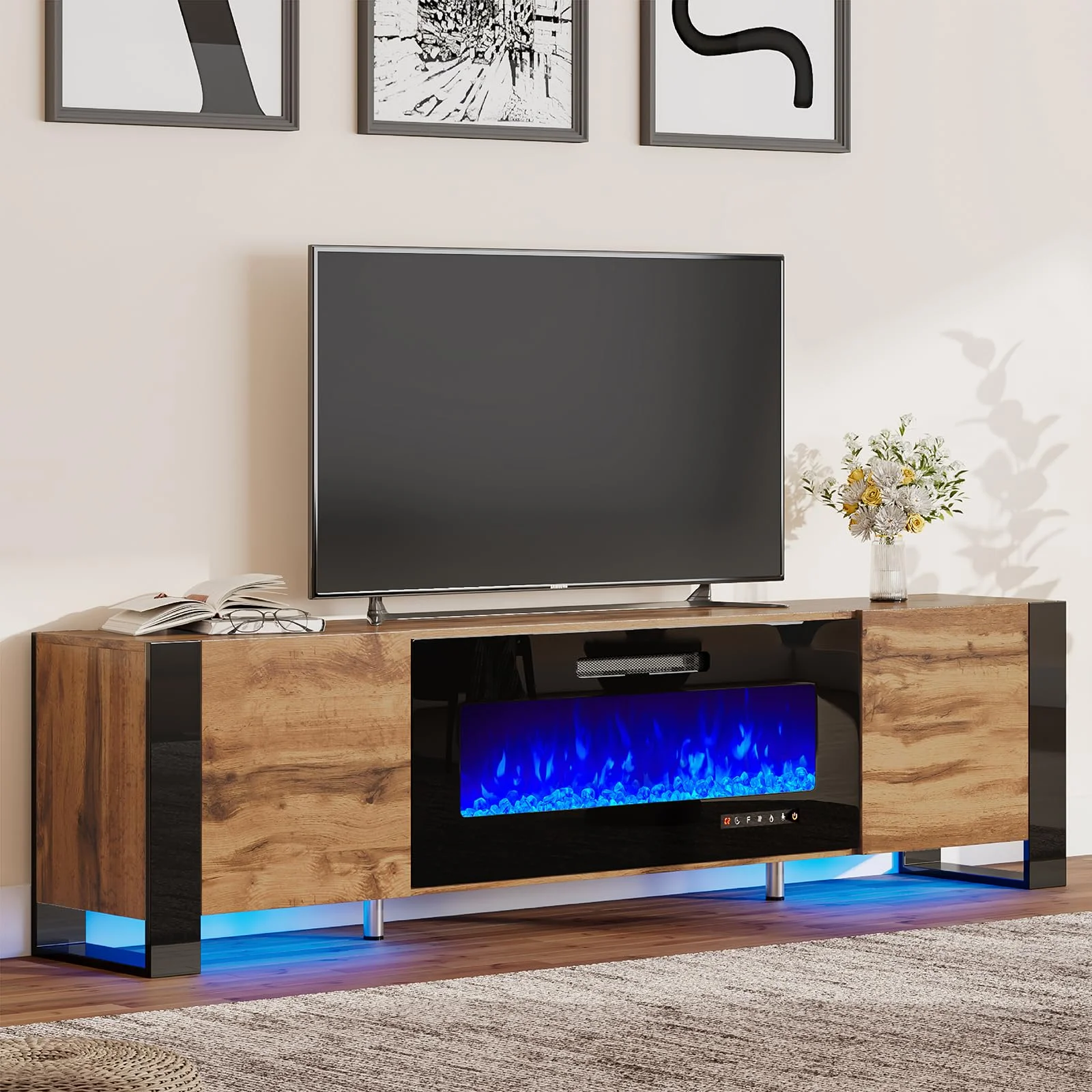 AMERLIFE Fireplace TV Stand, 80" Entertainment Center LED Lights, Rustic Oak