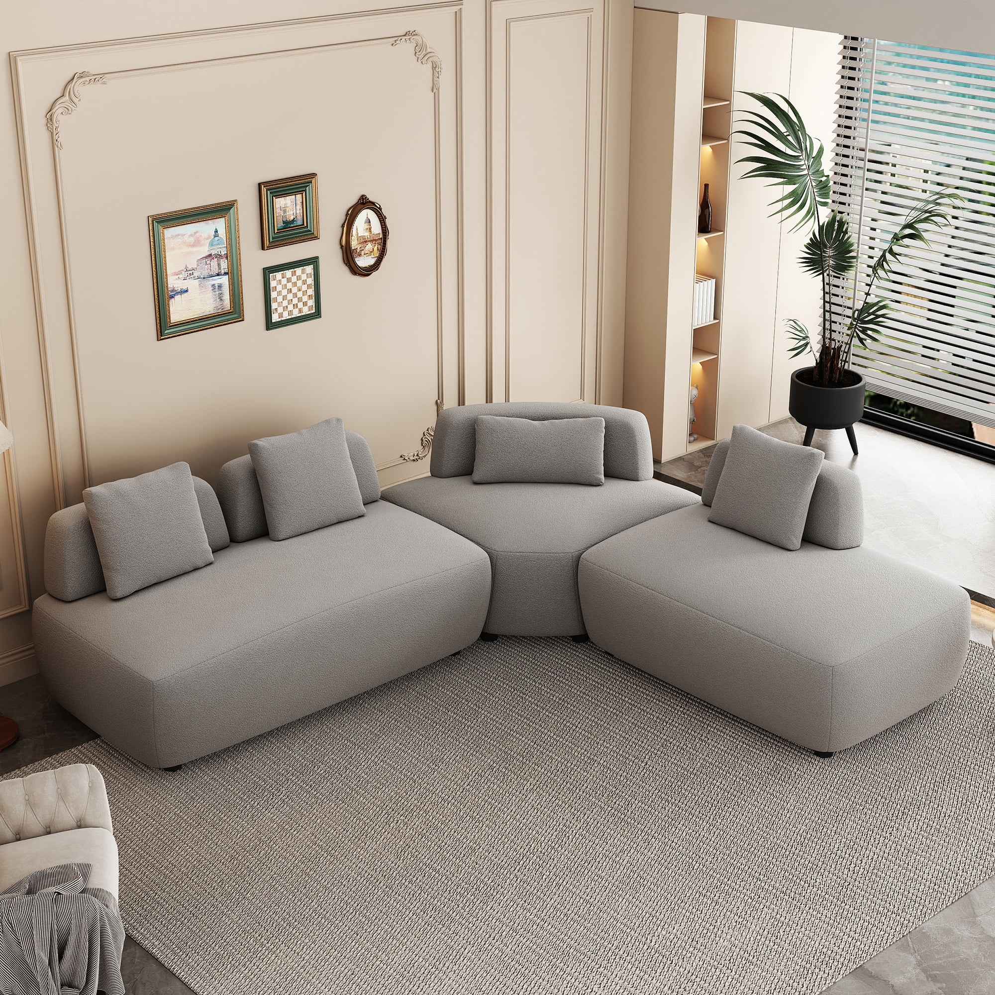 Soges Modern 3-piece Sectional Sofa Free Convertible Sofa with 4 Pillows for Living Room, Gray