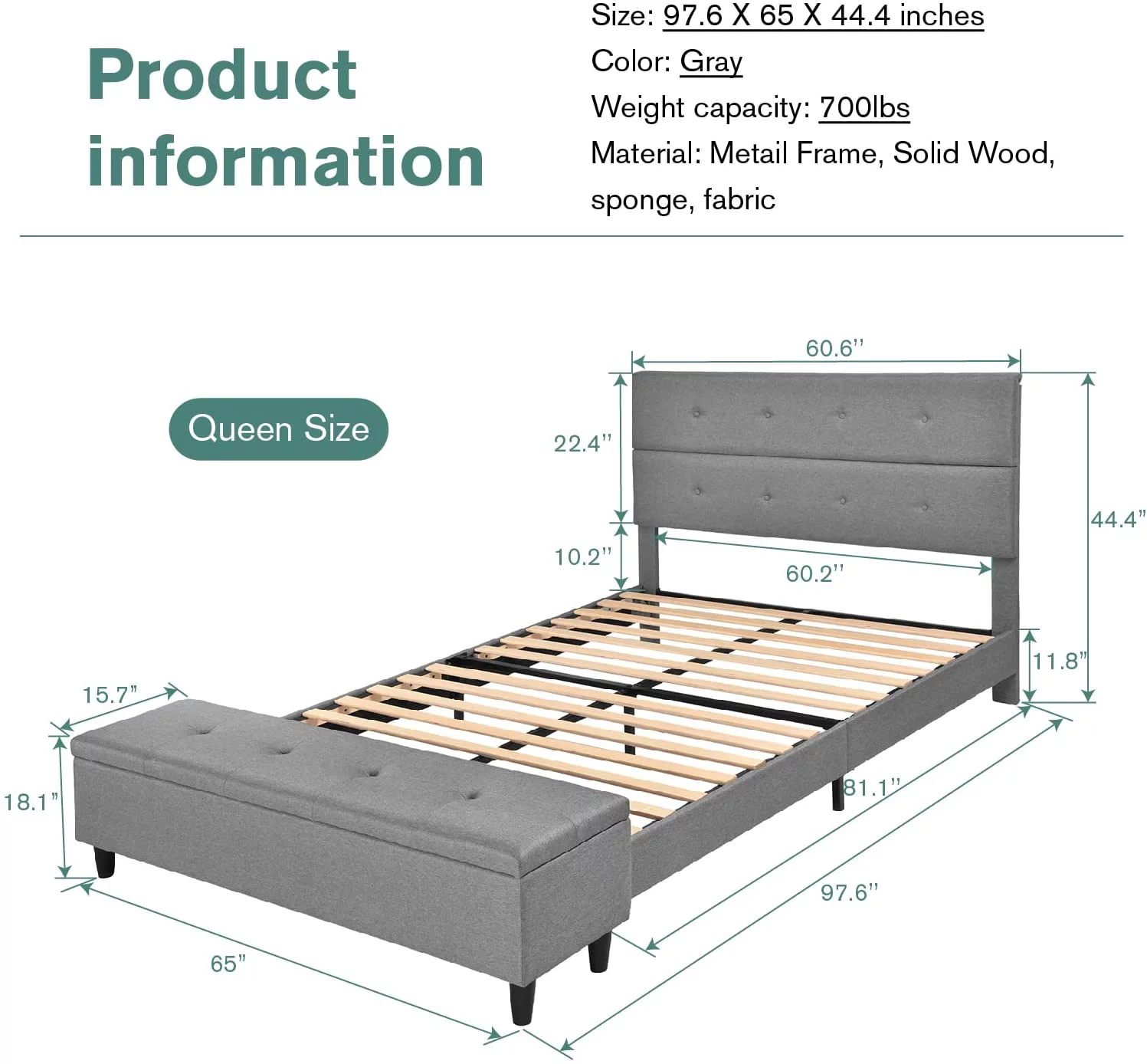 SHA CERLIN Queen Platform Bed Frame with Storage Ottoman Bench & Headboard, Gray, Adults