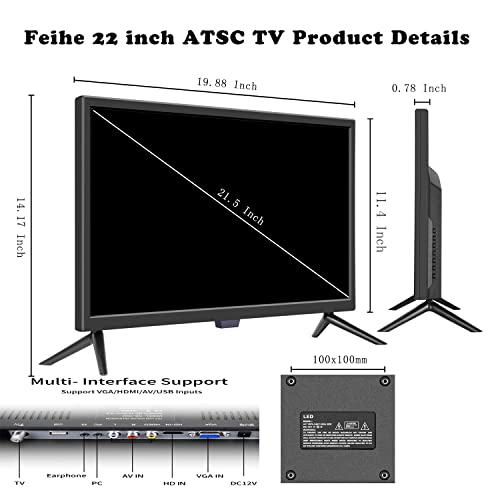 Feihe 22 Inch TV, FHD LED Flat Screen TV 1920 x 1080p IPS Display w/Digital Dual Tuners ATSC/HDMI/VGA/AV/USB