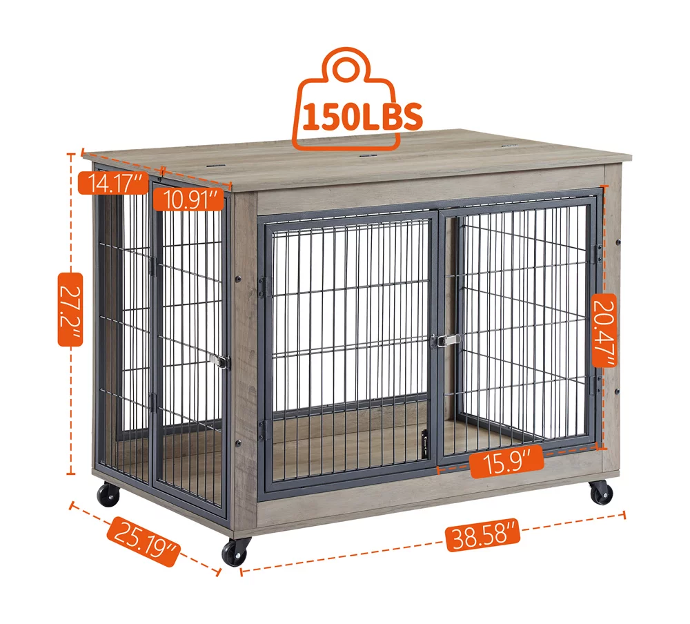 Lausatek Double Doors Wire Wood Dog Kennel Indoor with Divider Panel,Wooden Dog Crate Furniture,Dog Crate End Table with Tray