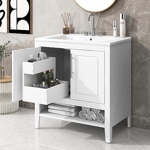 P PURLOVE 30" Bathroom Vanity with Sink,Modern Bathroom Combo Set,Bathroom Vanity Cabinet 30 inch with Door and Drawers
