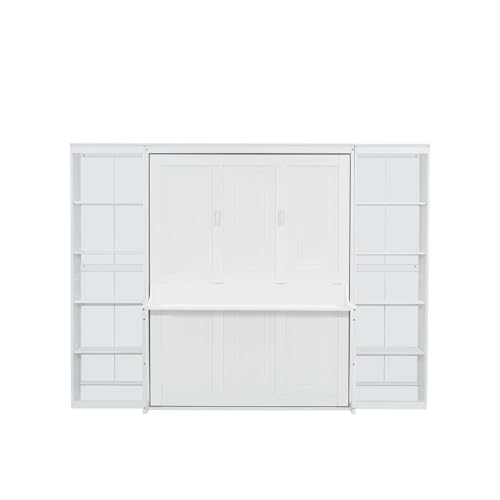 SOFTSEA Full Size Murphy Bed with Desk and Shelves, 110" Solid Folable Platform Bed with Double Storage Cabinets