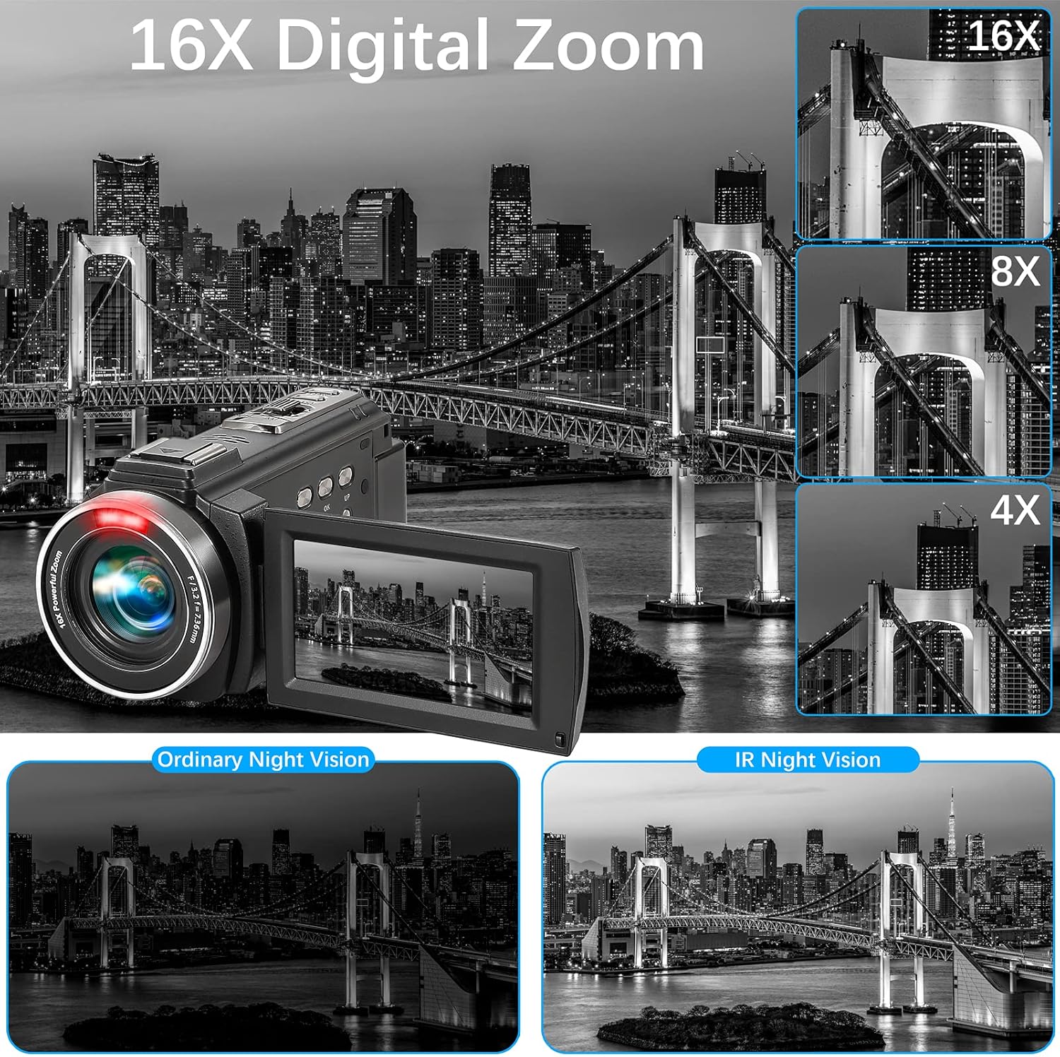 Camcorder 1080P Video Camera YEEHAO 36MP 3.0 Inch IPS Touch Screen IR Night Vision 16X Digital Zoom Camcorder with External Microphone Handheld