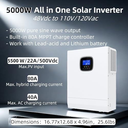 5000W Solar Inverter 48V to 120V, Pure Sine Wave Power Inverter 5kW Built-in 80A MPPT Charger, Max.PV Input 5.5kW,500V,22A