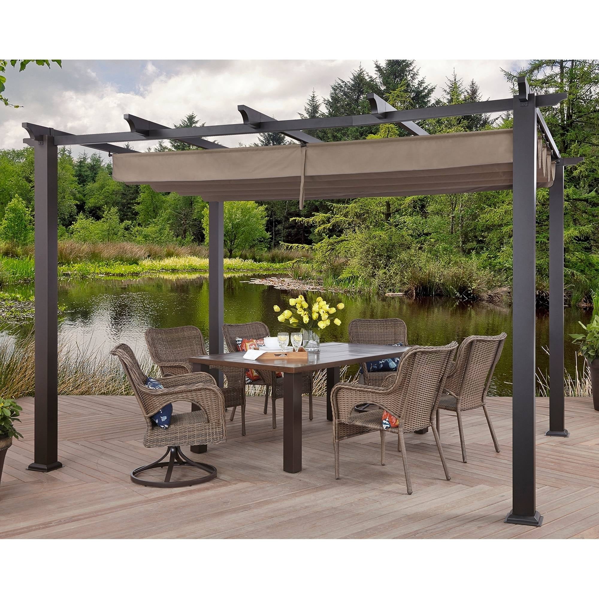 Better Homes & Gardens Meritmoor 9.5'L x 11.8'W x 7.7'H Steel Pergola with Canopy, Black/Brown