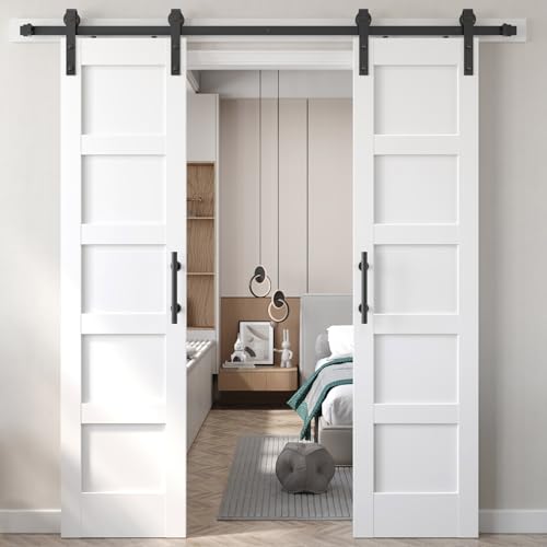 Fredbeck Double 21inx84in White Barn Door and 7FT Sliding Barn Door Hardware Kit Included,Solid,MDF, PVC Surface,DIY Assembly,5-Panel