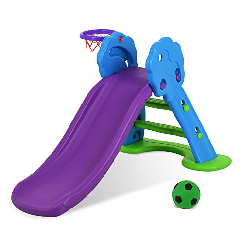 6 in 1 Toddler Playset with Slide, Kids Slide with Basketball Hoop, Ball, Ring Toss, Indoor Outdoor Toys (White Grey)