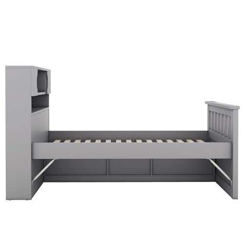 Harper & Bright Designs Twin Size Captain Platform Bed with Bookcase Headboard, Wood Twin Bed Frame with Storage Drawers and Shelves
