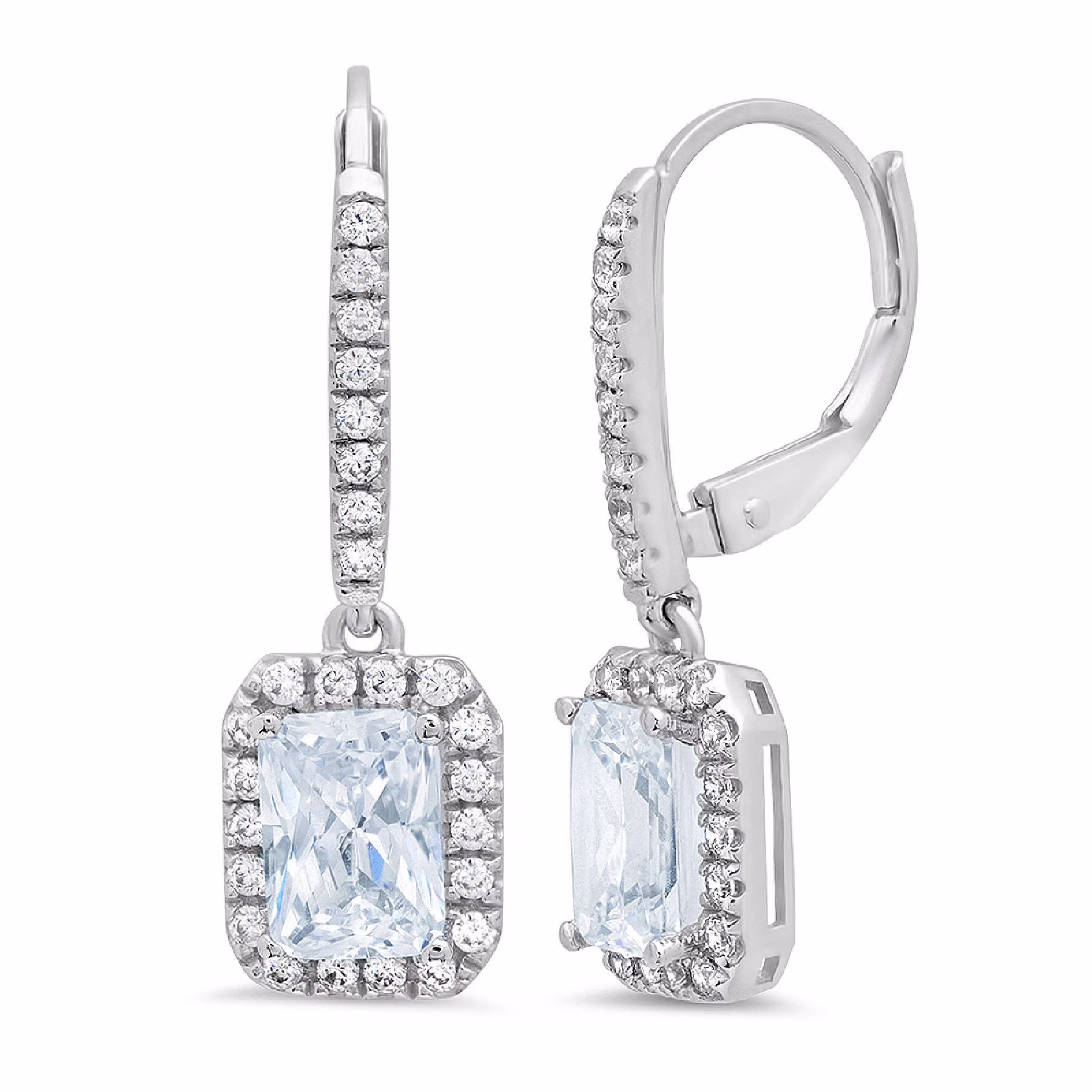 5.81Ct Brilliant Emerald Cut Halo Drop Dangle Genuine Blue Simulated Diamond Solid 14K White Gold Earrings Lever Back
