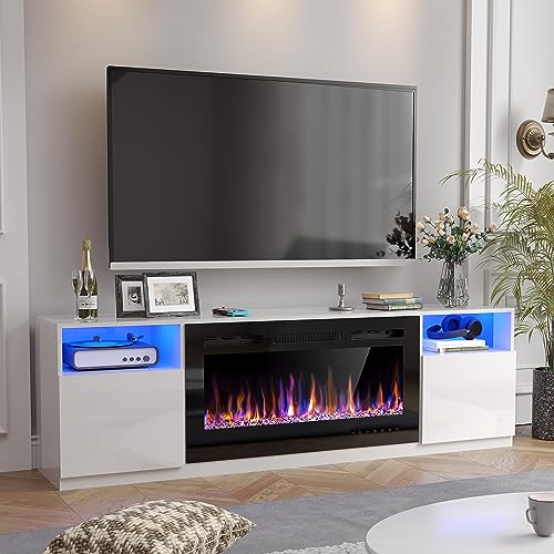 70" Fireplace TV Stand for TVs Up to 80" with 36" Electric Fireplace, TV Console for The Living Room, LED Light Entertainment Center, Storage Cabinet