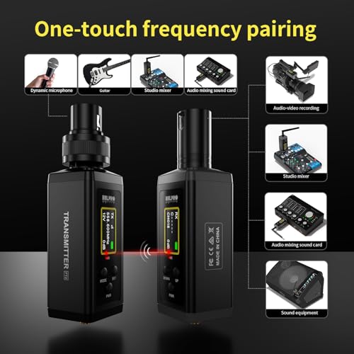 UHF Wireless XLR Transmitter and Receiver with Dual Antennas, 470ft Range, Auto Channel Scanning, Plug-on Wireless Mic Adapter for Audio Mixer