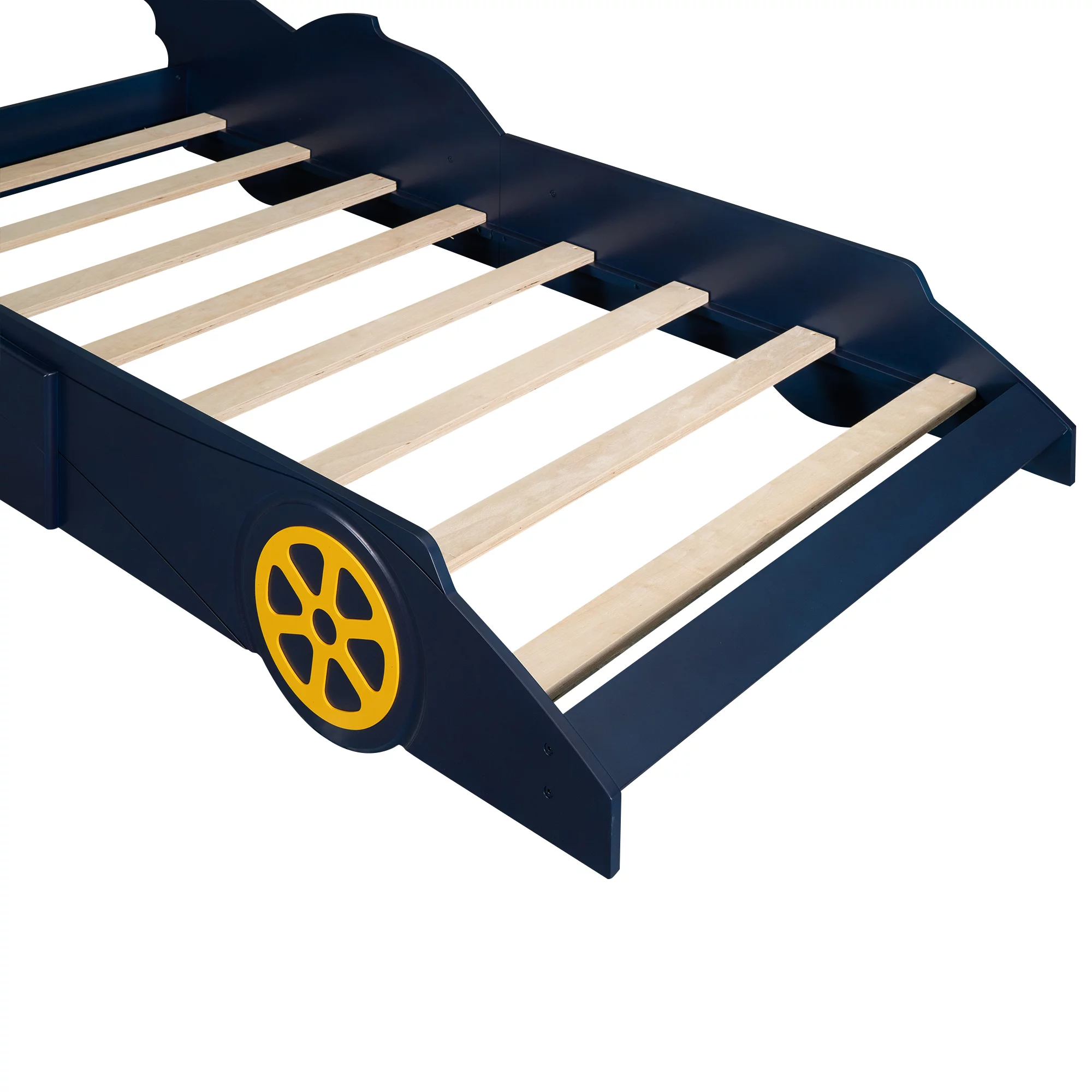 iRerts Race Car Shaped Twin Bed Frame, Wood Twin Platform Bed Frame for Kids Toddlers, Children Twin Size Platform Bed with Wheels, Wooden Slats