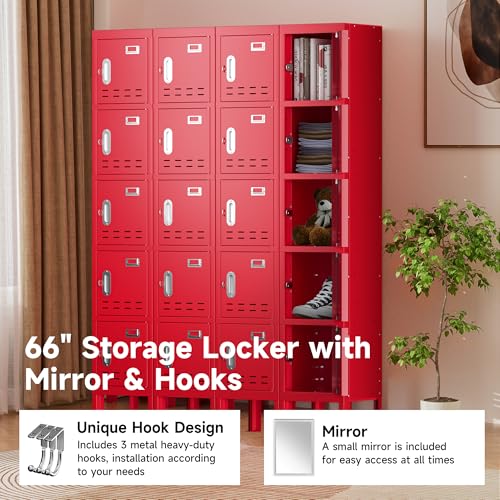 Locker Metal Storage Cabinet, Steel Office Storage Lockable Lockers for Employees Kids School Gym Home Garage Locker with Mirror & Hooks (5 Doors