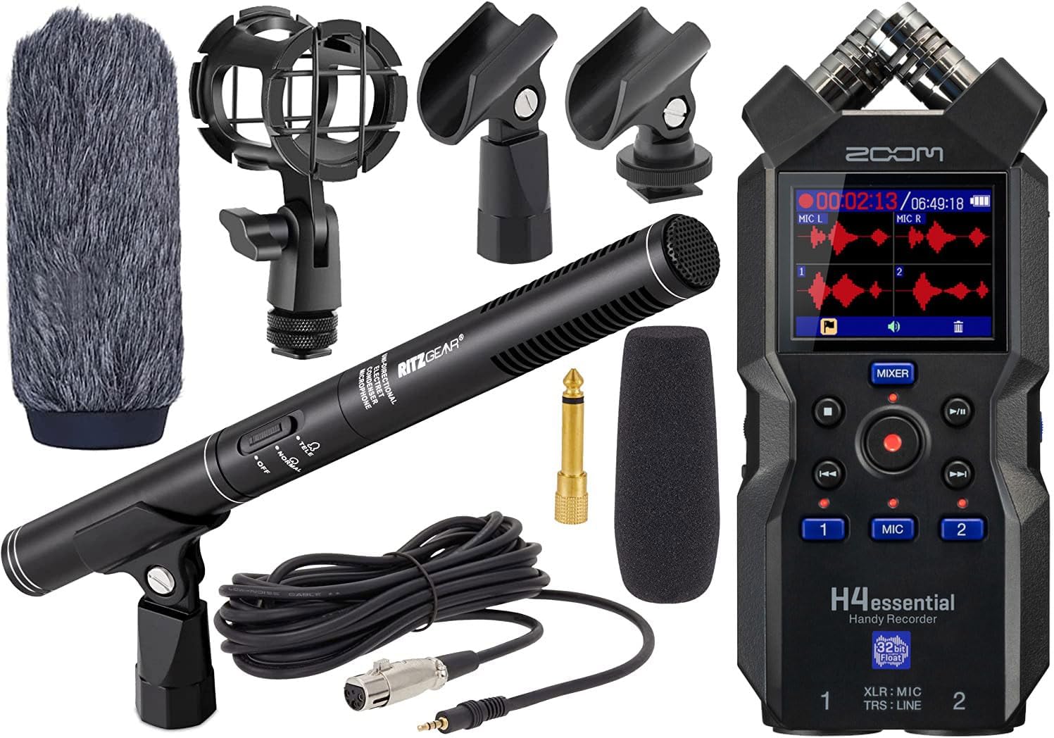 Zoom H4essential New H4n 4-Track Recorder with Ritz Gear Professional Video, Cinema and Broadcasting Shotgun Microphone for Indoor & Outdoor Film