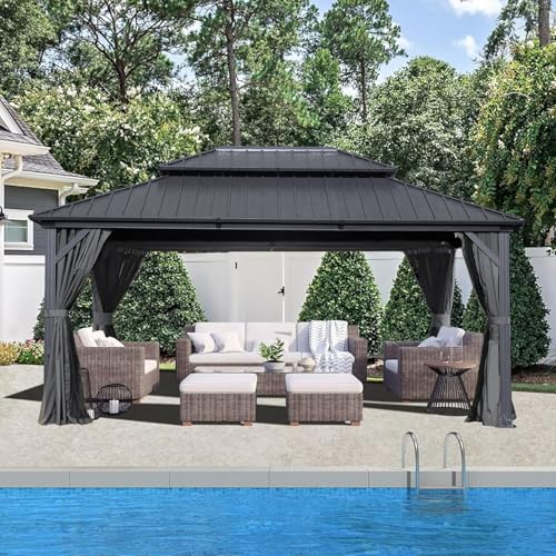 Domi 10’ x 10’ Hardtop Gazebo Metal Frame Canopy with Netting & Curtains