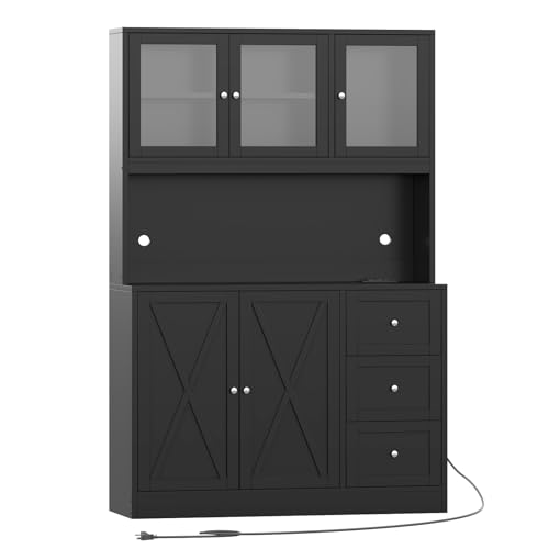 Irontar 70.9'' Kitchen Pantry Cabinet, Kitchen Hutch with Microwave Stand & Charging Station, Farmhouse Tall Storage Cabinet with Countertop