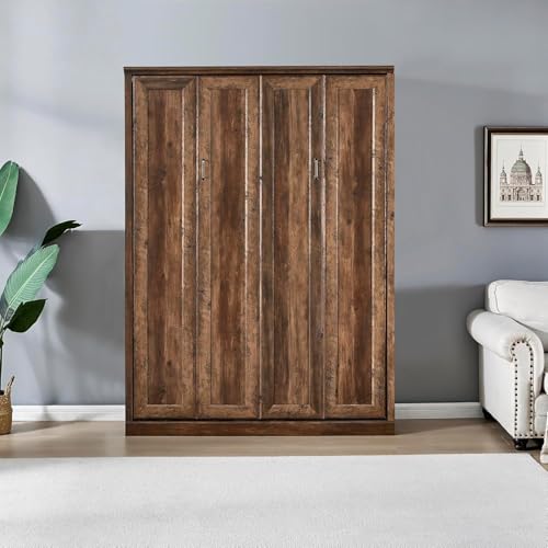 MERITLINE Queen Size Murphy Bed with Storage Bookcase Shelves,Cabinet and Charging Station,Wood Folding White Murphy Wall Bed