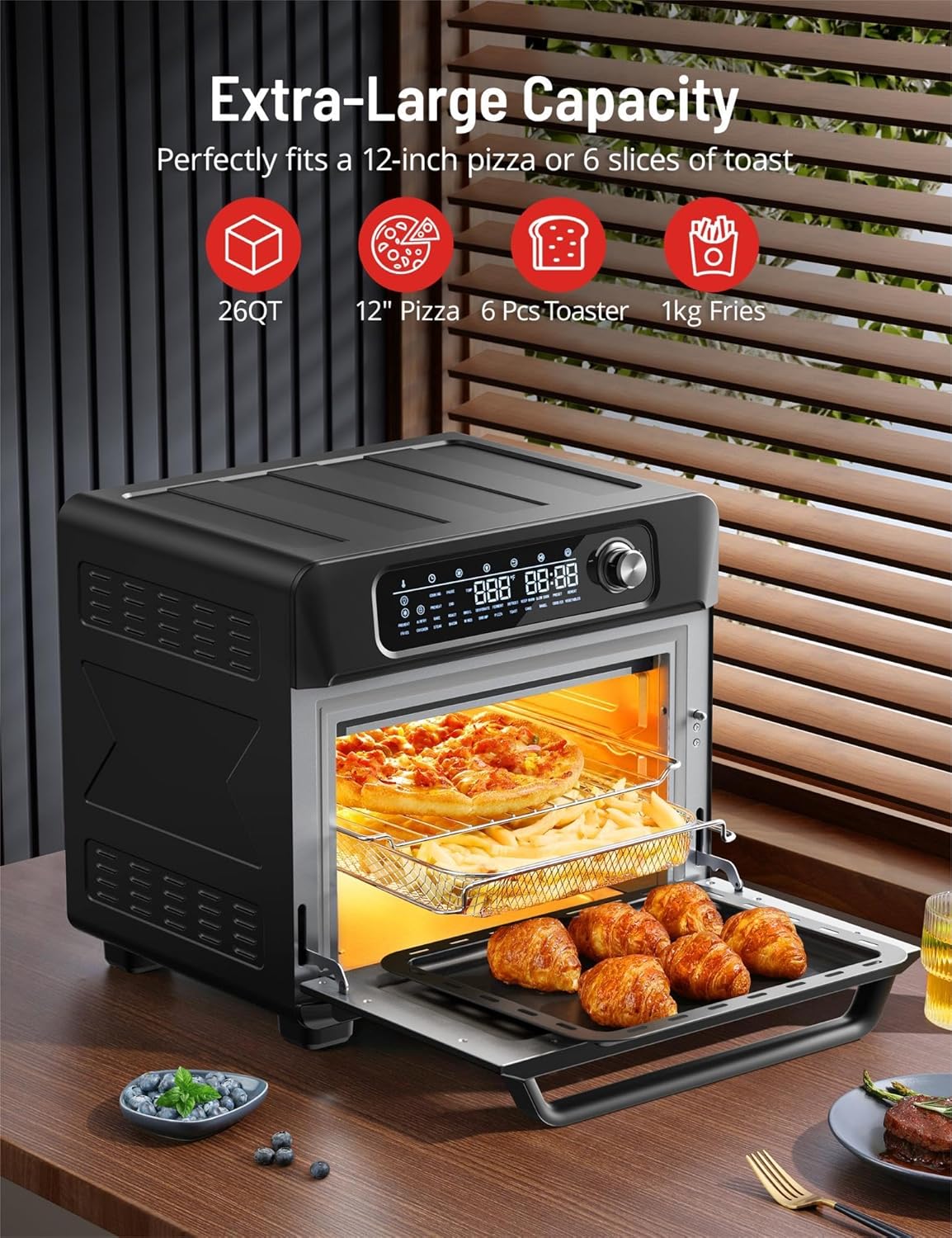 Air Fryer Toaster Oven, SWIPESMITH 24-in-1 Convection Air fryer, 26-QT XL Capacity, Digital Countertop Oven with 100 Recipes, Accessories