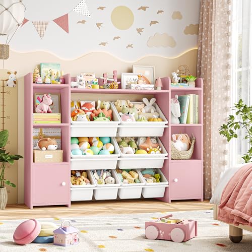FOTOSOK 55''Large Toy Storage Organizer with 8 Toy Bins, Toy Organizers and Storage with Shelf and 6 Storage Cubbies, Bookshelf for Kids