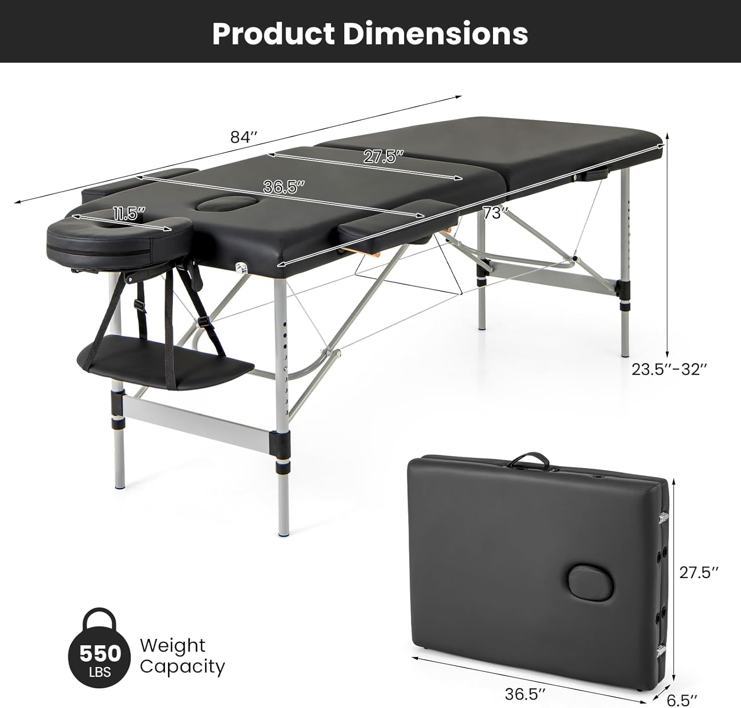 Giantex Massage Table, Portable Massage Bed with Carrying Bag, 2 Fold Salon Spa Tattoo Bed, Height Adjustable, Sturdy Aluminum Frame