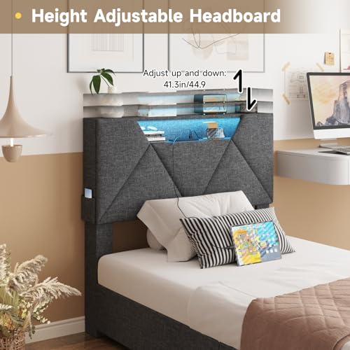 Vabches Queen Bed Frame with Storage Headboard and 4 Drawers,Upholstered Platform with Charging Station and Led Lights,Adjustable Headboard