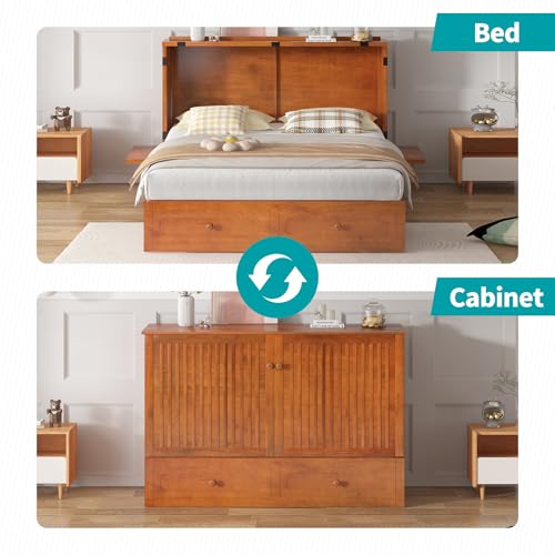 BALUS Murphy Cabinet Bed, Queen Cabinet Chest Bed with USB Charging Station, Tri-Fold Mattress
