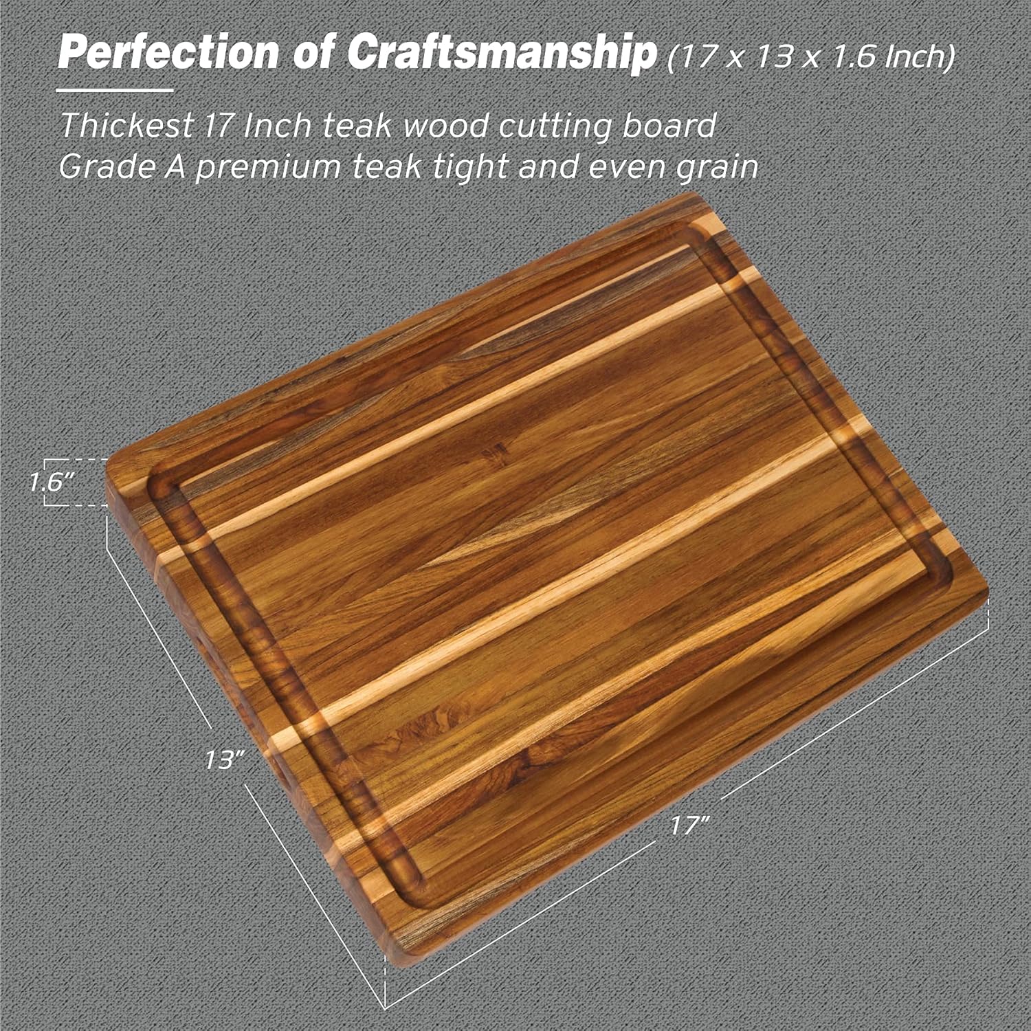 Large Teak Wood Cutting Board - Juice Groove, Reversible, Thick Edge Grain Carving Block (17 x 13 x 1.6 inches | Large)
