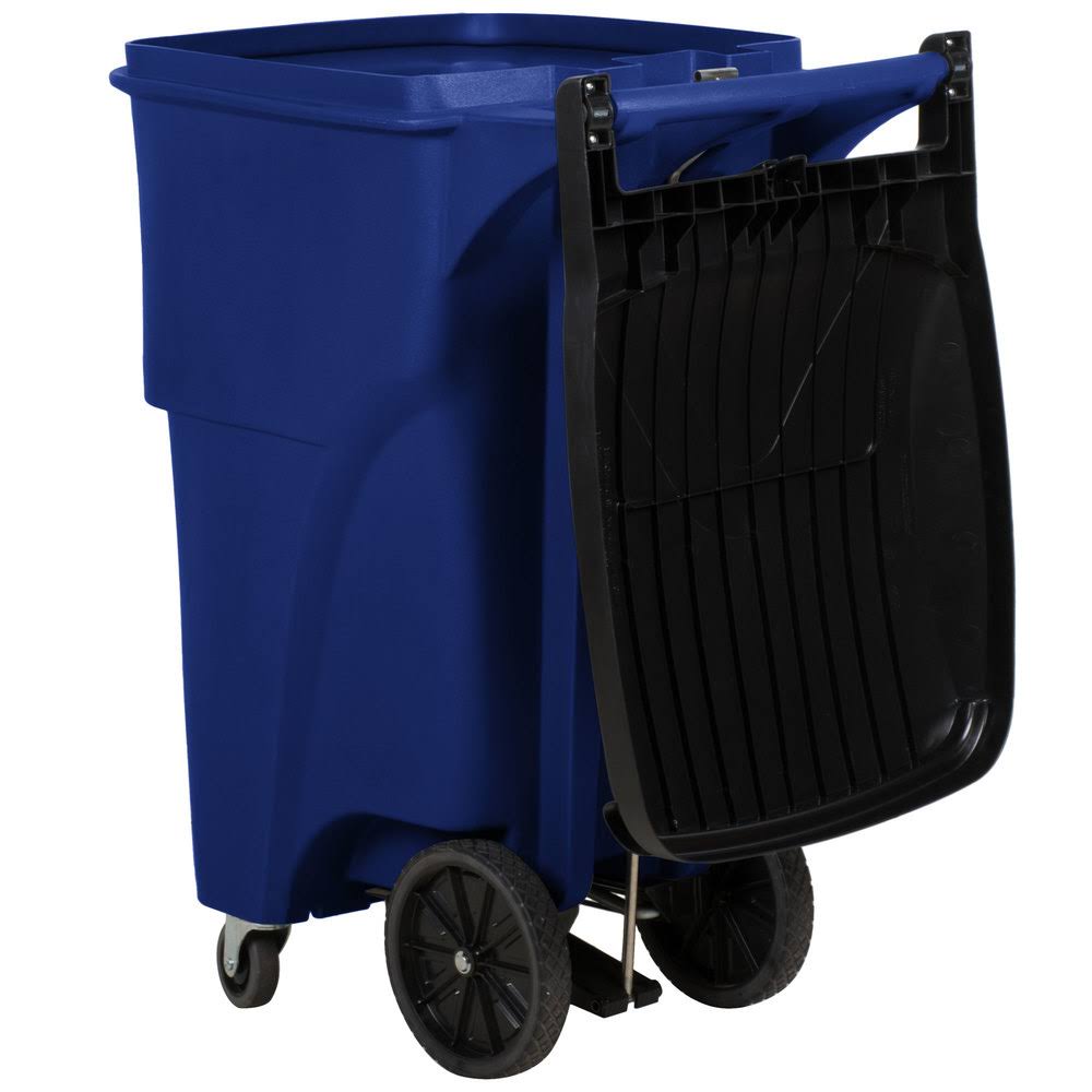 Rubbermaid 65 gal., Rectangular, Rollout Trash Can, Plastic, Blue 1971976