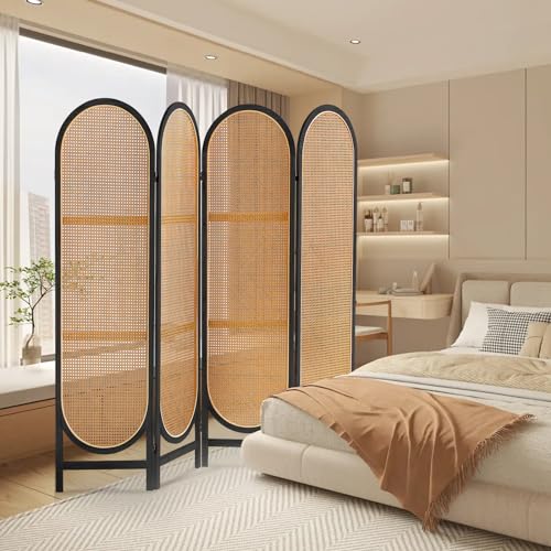 3 Panel Room Dividers and Folding Privacy Screens, Hand-Made Rattan Room Divider with Bi-Directional Hinge