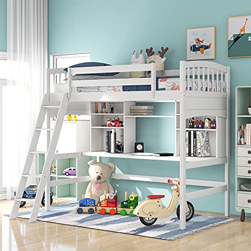 Harper & Bright Designs Full Size Loft Bed with Wardrobe and Desk, Solid Wood Loft Bed Frame with Storage, for Kids Teens Adults (Full Size, White)