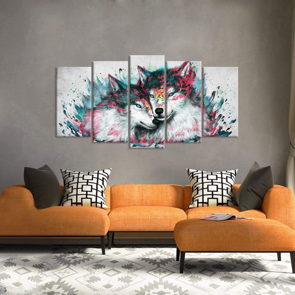 iHAPPYWALL Large 5 Pieces Wolf Canvas Wall Art Black and White Wolves Couple Abstract Animal Picture Painting on Canvas for Modern Home Living Room