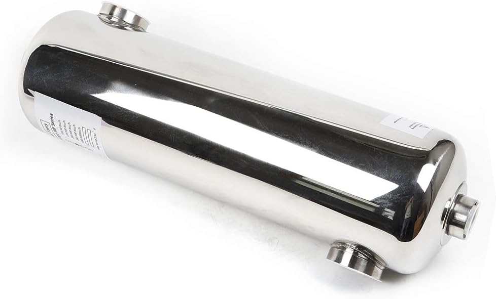 Pool Heat Exchanger Stainless Steel Shell and Tube Heat Exchanger Same Side Ports 1"+ 1 1/2" FPT (200KBTU) for Swimming Pools Spas Hot Tubs Hydraulic