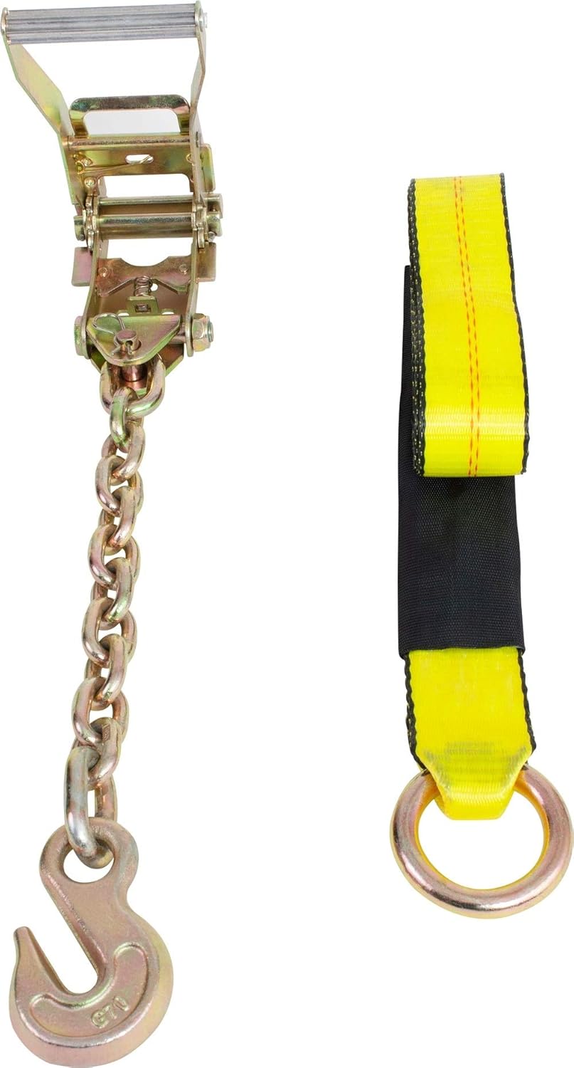 Mytee Products (8 Pack) 2 x 8' Car Tie Down Lasso Ratchet Strap with Chain Anchor - High Viz Green Tire Straps for Car Trailer