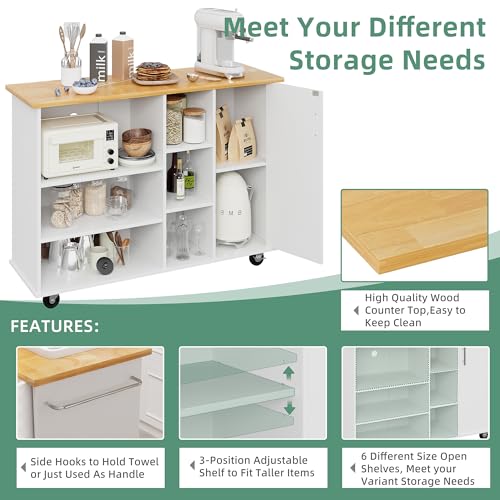 Shintenchi Rolling Kitchen Island Cart with Folding Drop Leaf Breakfast Bar, Portable Trolley Island with Large Storage Cabinet, Shelf and Drawer