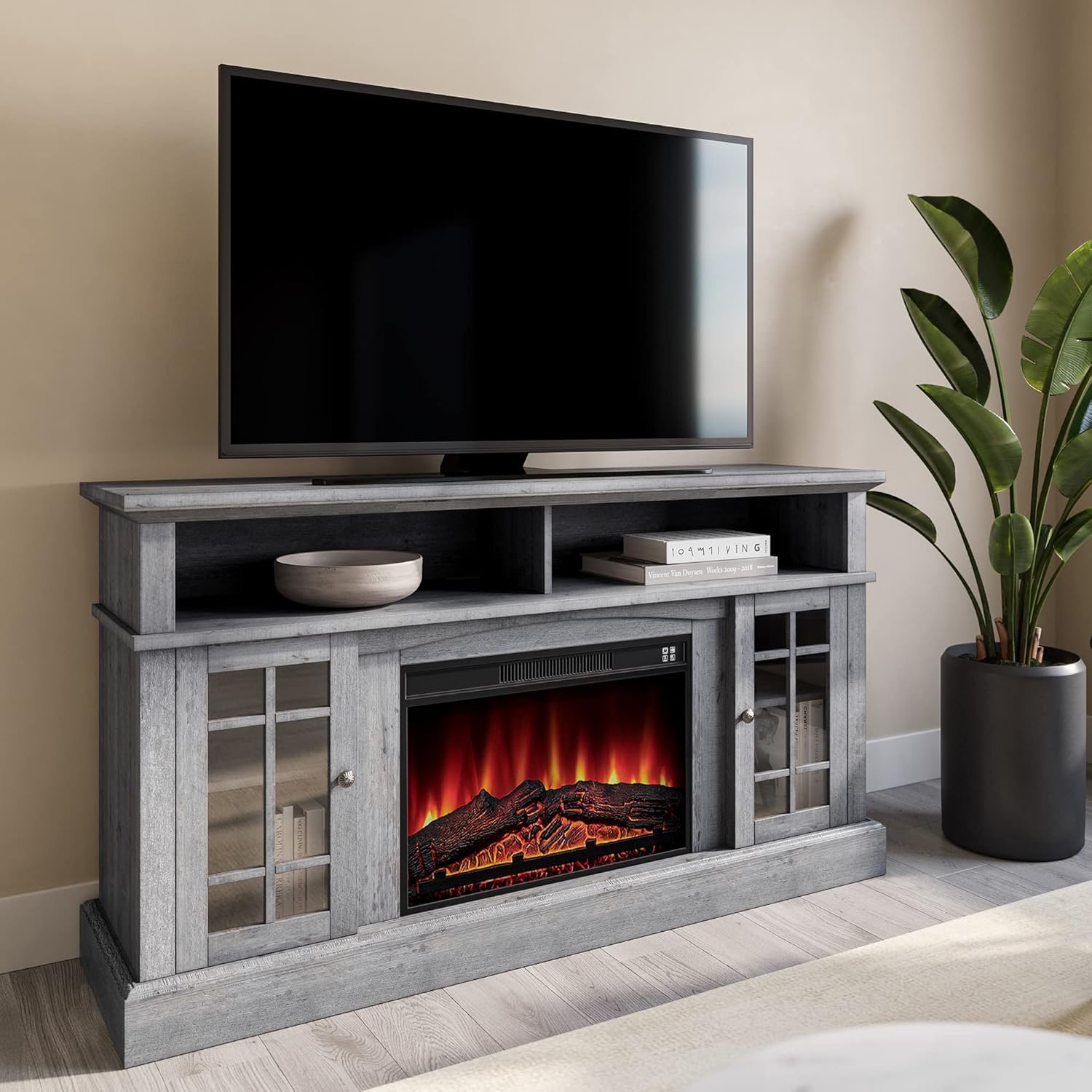 BELLEZE Traditional 58 Inch Rustic Electric Fireplace TV Stand & Media Entertainment Center Console Table for TVs up to 65 Inches with Open Storage