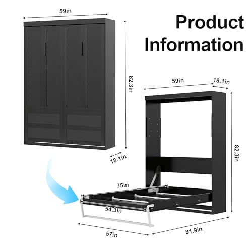 Black Wood Full Size Murphy Bed, Murphy Bed Full Space-Saving Wall Beds