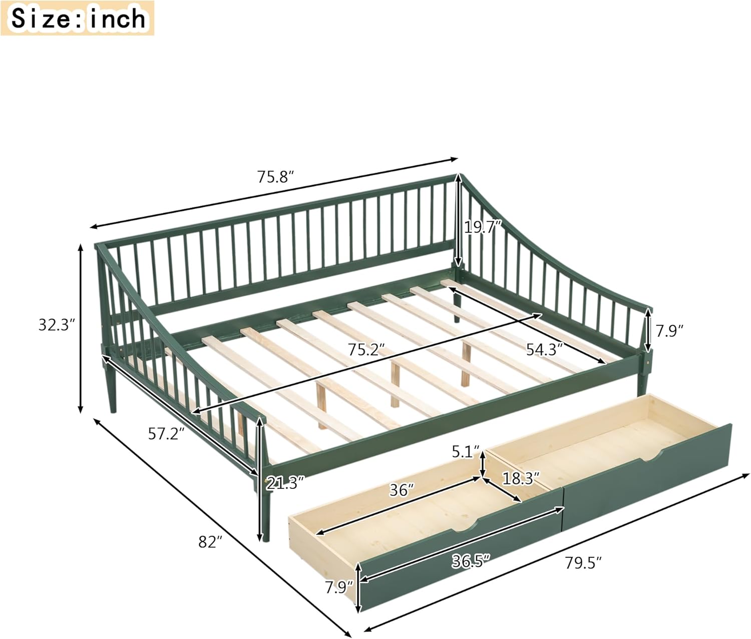 Full Size Daybed with Two Drawers,Solid Wood Storage Bed Frame W/Wooden Slat Support,Guide Rail Design on Three Sides,Easy to Assemble