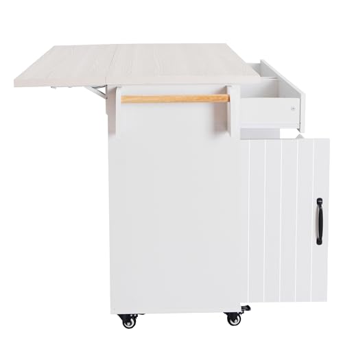 Ball & Cast Farmhouse Kitchen Island with Drop Leaf & Barn Door,Rolling Kitchen Cart on Wheels with Power Outlet,3 Large Drawers