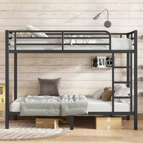 Heavy Duty Bunk Bed Frame with Ladder, Twin XL Over Twin XL Bunk Beds with Safety Guardrails, Adults Bunk Beds with Noise-Reducing Rubber Stoppers
