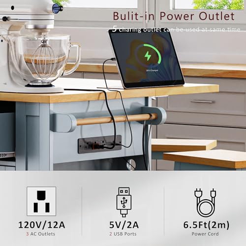 55.7'' Large Kitchen Island with 2 Drop Leaf, Rolling Kitchen Cart on 5 Wheels with Power Outlet