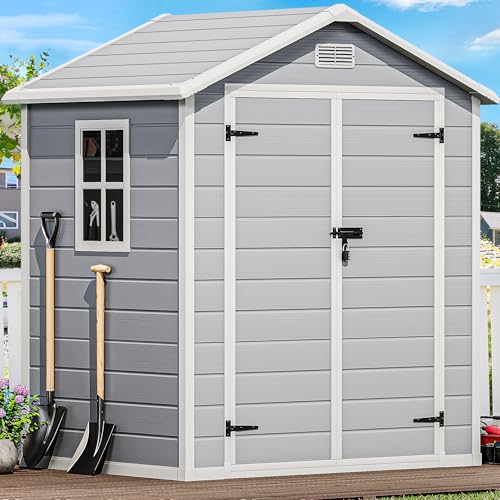 DWVO 5x3ft Resin Outdoor Storage Shed with Floor, Waterproof Lockable Storage Shed with Window, Plastic Outside Tool Storage for Garden, Backyard