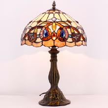 WERFACTORY Tiffany Style Table Lamp Stained Glass Serenity Victorian Bedside Lamp Desk Reading Light 12X12X18 Inches Decor Bedroom Living Room Home