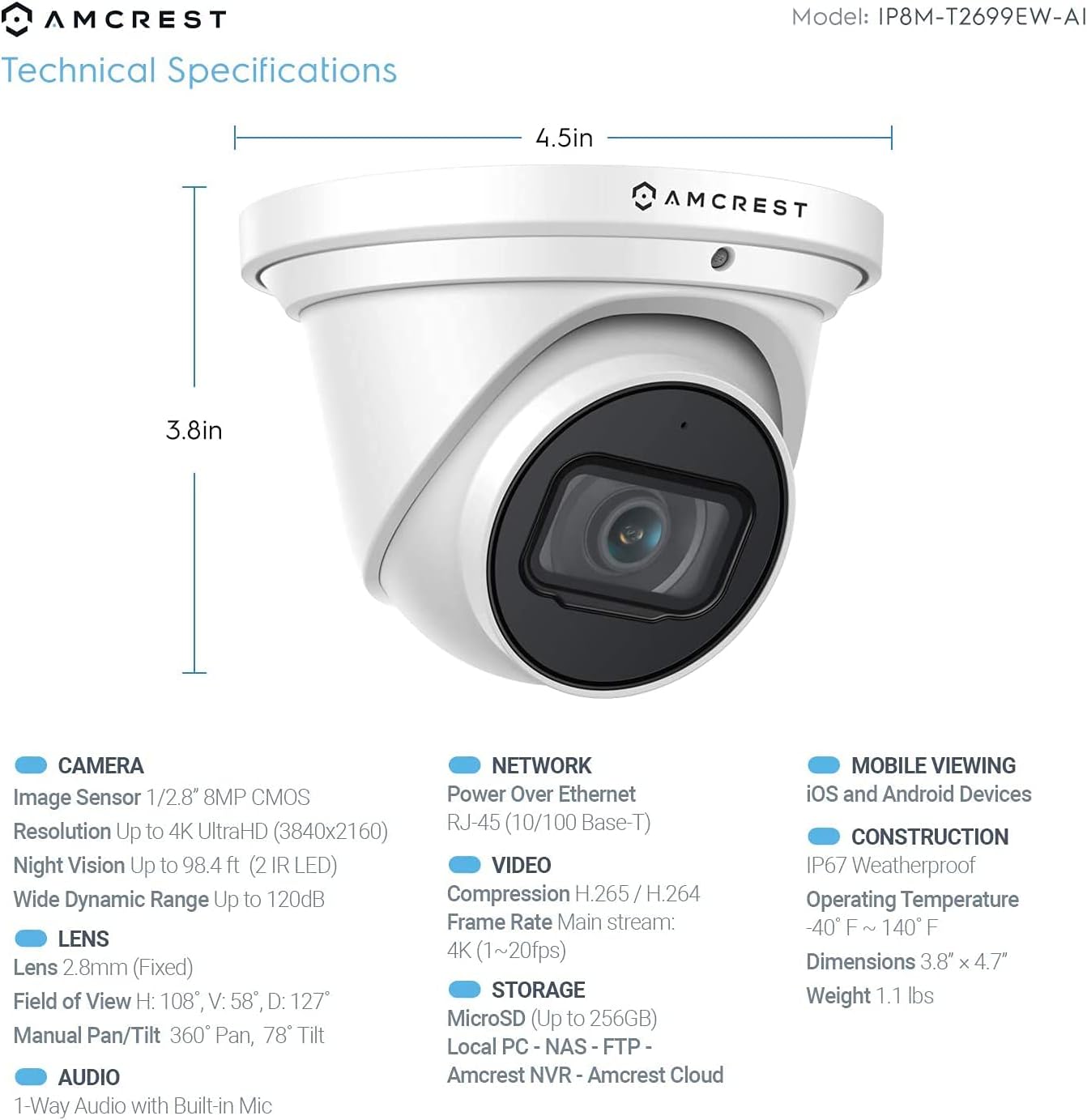 Amcrest 4K POE Camera AI Human/Vehicle Detection, UltraHD 8MP Outdoor Security Turret POE IP Camera, 3840x2160, 4K @30fps, Wide Angle