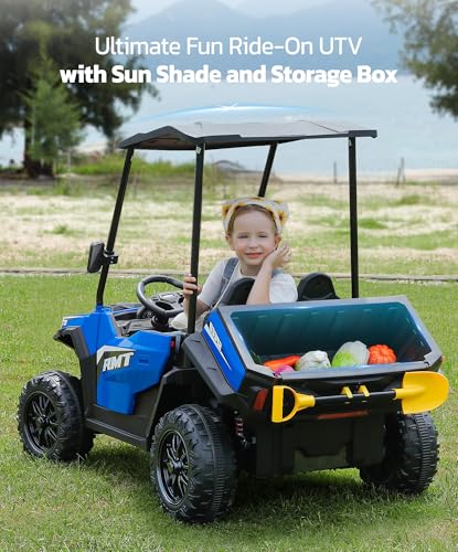 ELEMARA 24V Ride on Toy for Big Kid,Ride on Car 2 Seater w/Sun Shade,Dump Bed & Shovel,4.5MPH,4WD Electric Car for Kids,Battery Car w/Remote