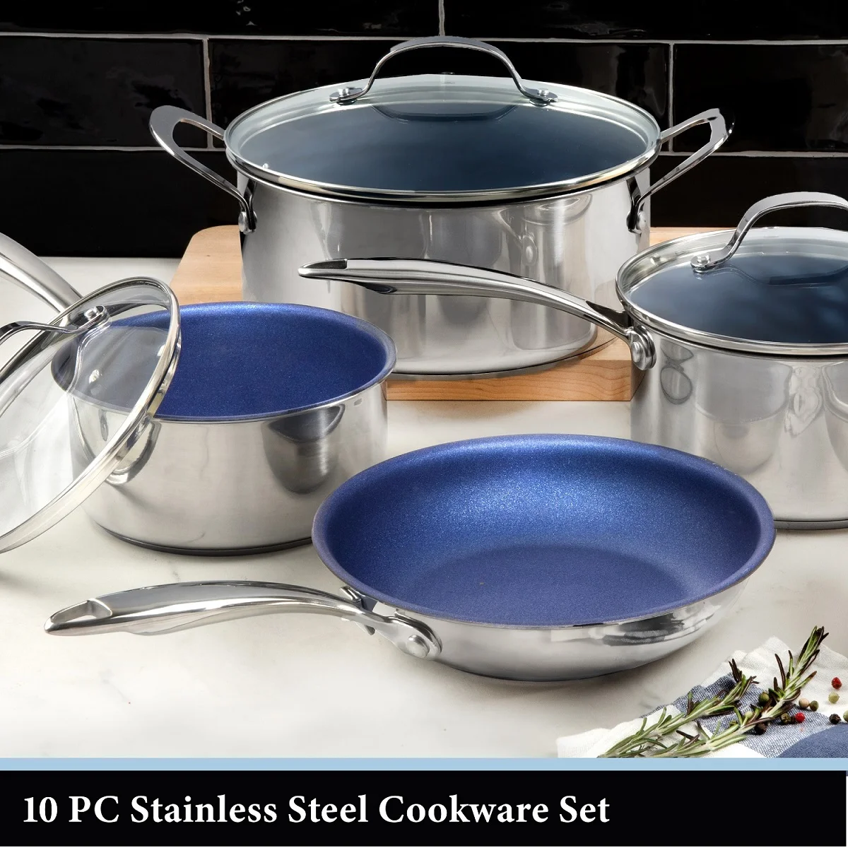 Granitestone Pro Stainless-Steel Pots & Pans Set Nonstick, Tri-Ply Base, 10 Piece Blue Nonstick Cookware Set includes Frying Pans