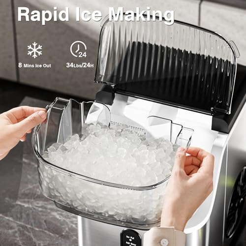 Nugget Ice Makers Countertop, Pebble Ice Machine with Chewable Pellet Ice, 34Lbs/24H, Self-Cleaning, Sonic Ice, One-Click Operation, for Kitchen