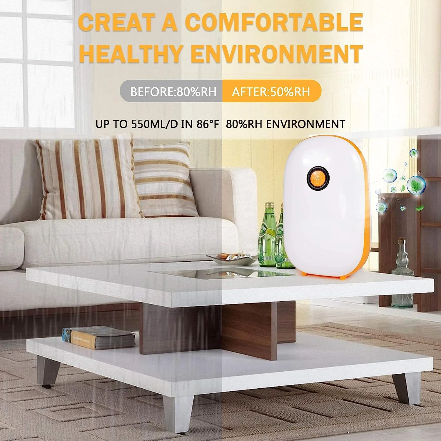 Small Portable Quiet Dehumidifier with Auto Shut-off,1100ml Water Tank, Dehumidifier for Home Basement, Bedroom, Bathroom, Closet RV, Orange