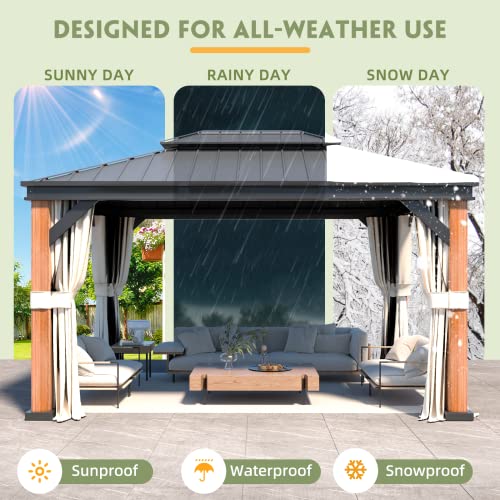 EROMMY 12'x20' Hardtop Gazebo Double Roof Galvanized Steel Canopy Outdoor Aluminum Frame Permanent Metal Pavilion with Netting and Curtains for Patio