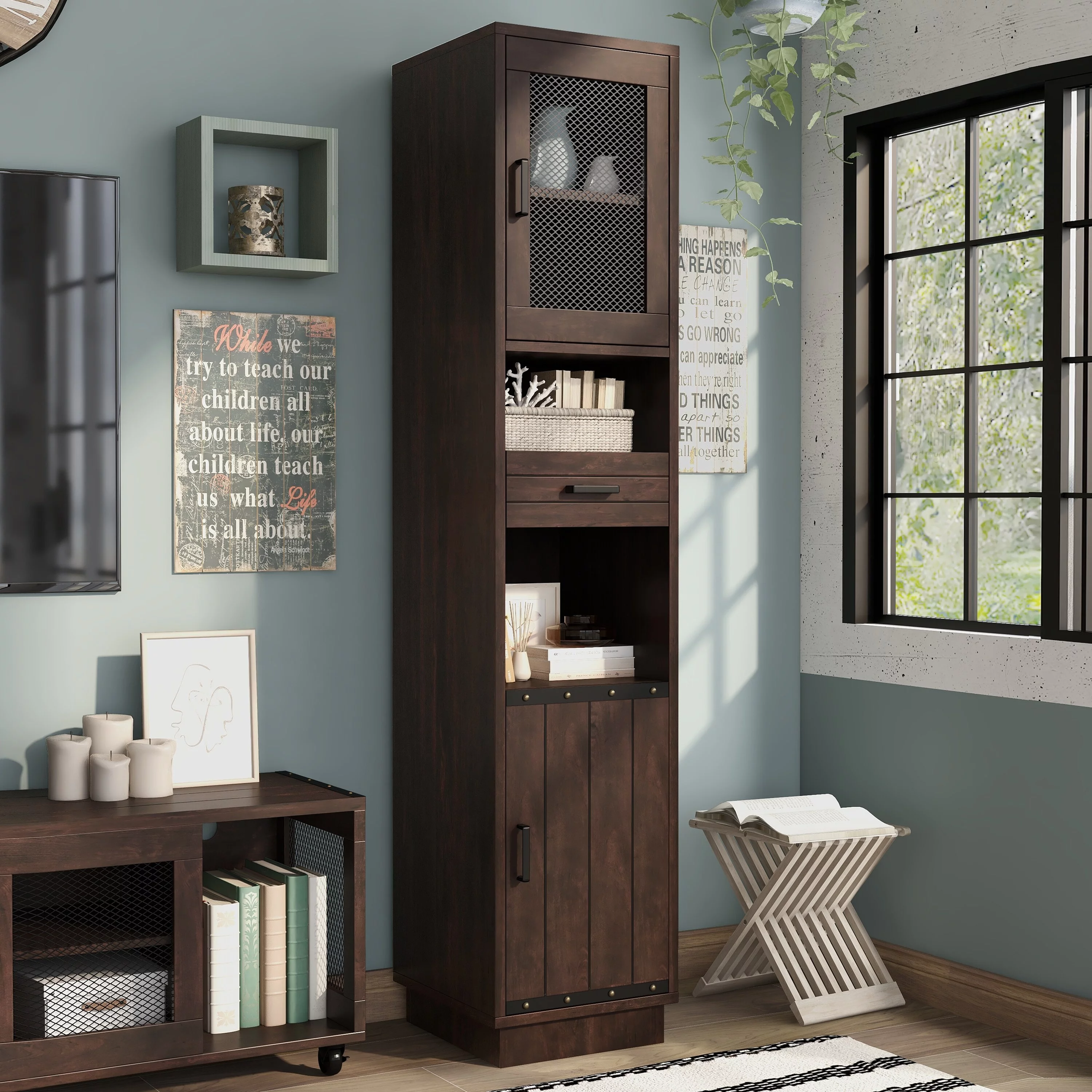 Furniture of America Hury Farmhouse Walnut Multi-Storage TV Tower by  Vintage Walnut Walnut Finish